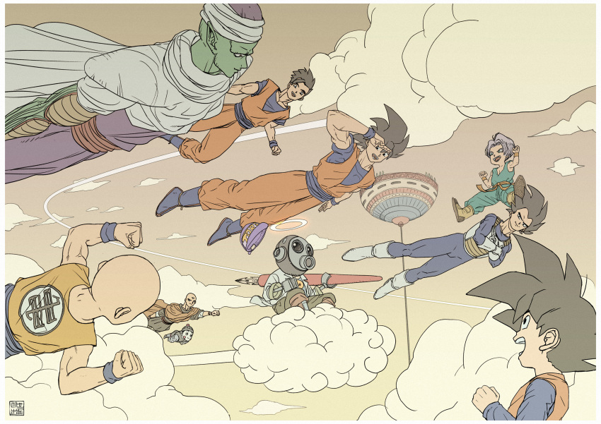 6+boys, above_clouds, black_hair, brown_sky, cape, chaozu, clouds, cloudy_sky