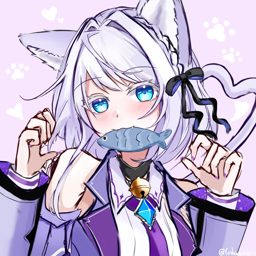 1girl, animal_ears, bare_shoulders, blue_eyes, braid, cat_ears, cat_tail, claw_pose