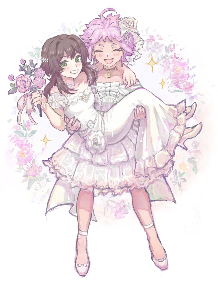 2girls, ahoge, black_hair, bouquet, bow, choker, closed_eyes, dress