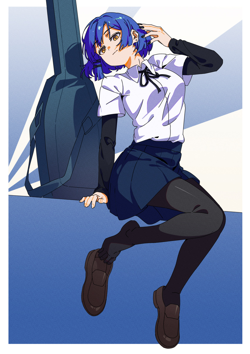 1girl, absurdres, arm_support, arm_up, black_nails, black_pantyhose, black_ribbon, blue_hair