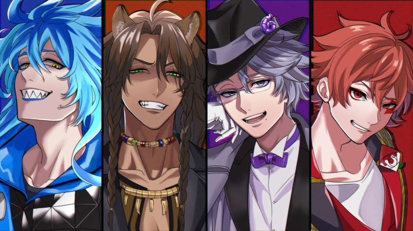 4boys, ace_trappola, animal_ears, azul_ashengrotto, blue_background, blue_eyes, blue_hair, braid