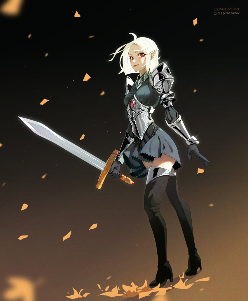 1girl, absurdres, armor, artist_name, black_background, black_footwear, blue_skirt, blurry