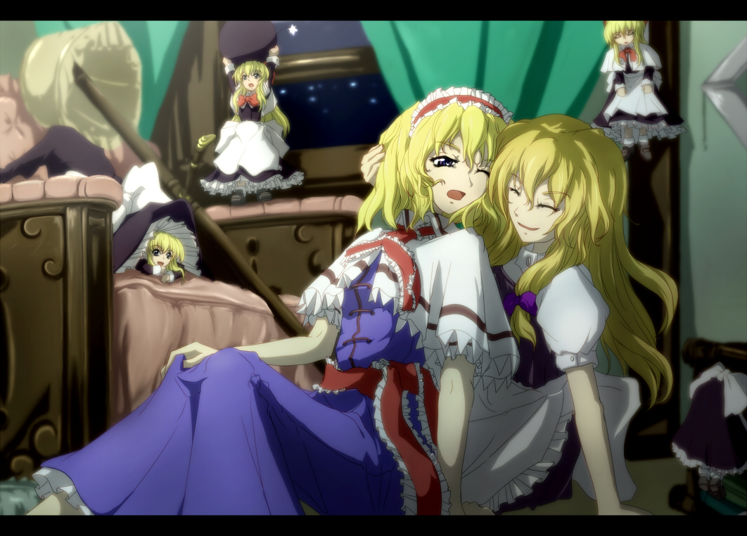 2girls, alice_margatroid, bed, blonde_hair, blue_eyes, bomb, closed_eyes, doll