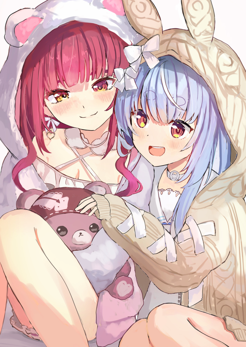 2girls, absurdres, animal_ears, animal_hood, bear_ears, bear_hood, blue_hair, blush