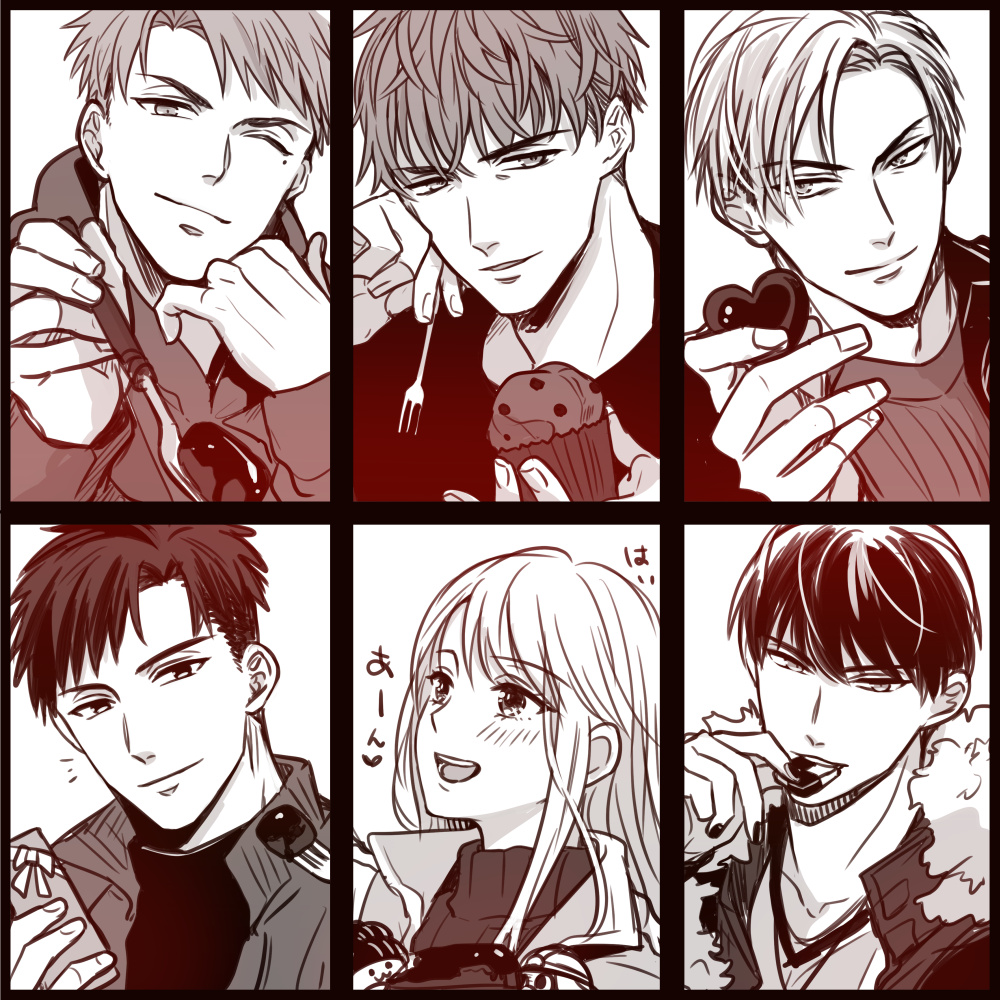 1girl, 5boys, candy, chocolate, commentary_request, eating, food, fujihashi_ryou