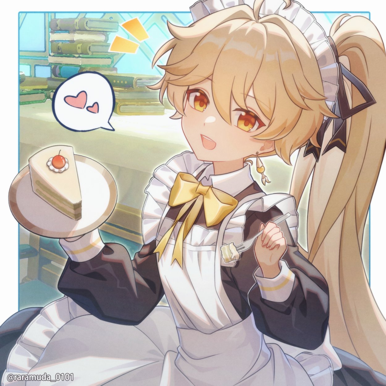 1boy, aether_(genshin_impact), ahoge, apron, black_dress, blonde_hair, blush, bow