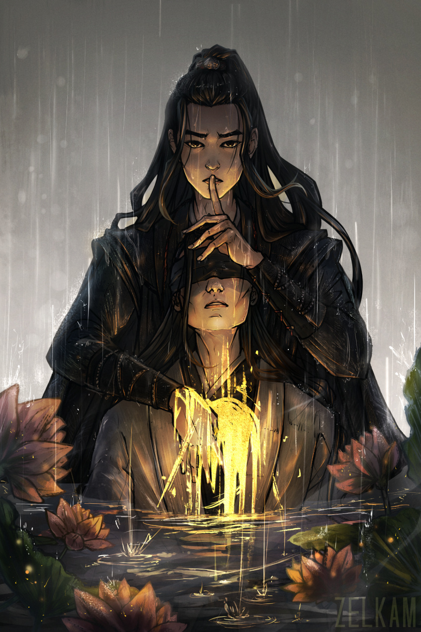 2boys, artist_name, black_eyes, black_hair, black_hanfu, blindfold, bracer, chinese_clothes