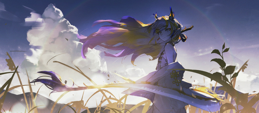 1girl, absurdres, arknights, bare_shoulders, blonde_hair, chinese_commentary, closed_mouth, clouds, commentary_request, dawn, day, dragon_girl, dragon_horns, dragon_tail, earrings, grey_eyes, highres, horns, jacket, jewelry, kai23506412, light_particles, long_hair, looking_at_viewer, morning, necklace, off_shoulder, outdoors, plant, pointy_ears, purple_hair, rainbow, shu_(arknights), smile, solo, split_mouth, standing, strapless, tail, tube_top, white_hair, white_jacket, white_tube_top, wind