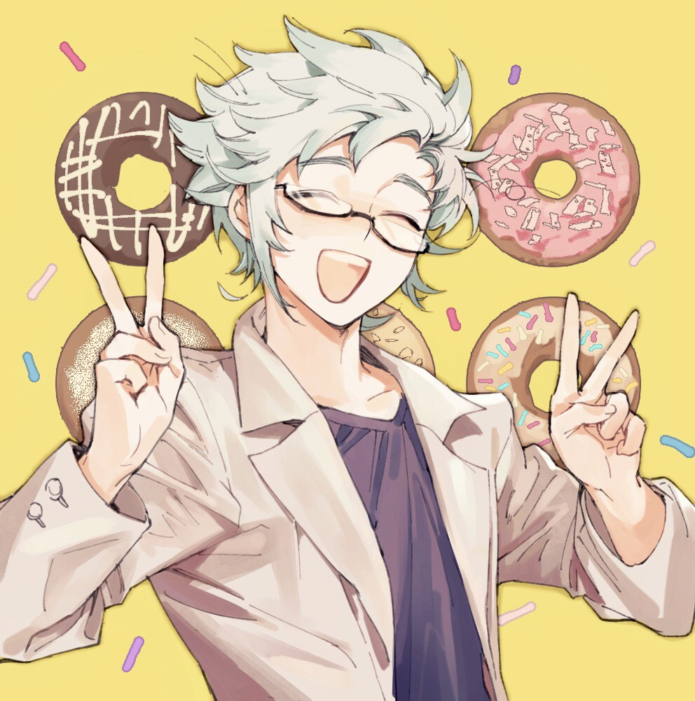 1boy, :d, ^_^, black_shirt, bmp-to-png_conversion, chinese_commentary, closed_eyes, commentary_request, double_v, doughnut, food, glasses, hands_up, jacket, kanou_aogu, lapels, long_sleeves, male_focus, open_clothes, open_jacket, open_mouth, saibou_shinkyoku, semi-rimless_eyewear, shirt, short_hair, silverlilii, smile, solo, sprinkles, teeth, upper_body, upper_teeth_only, v, white_hair, yellow_background