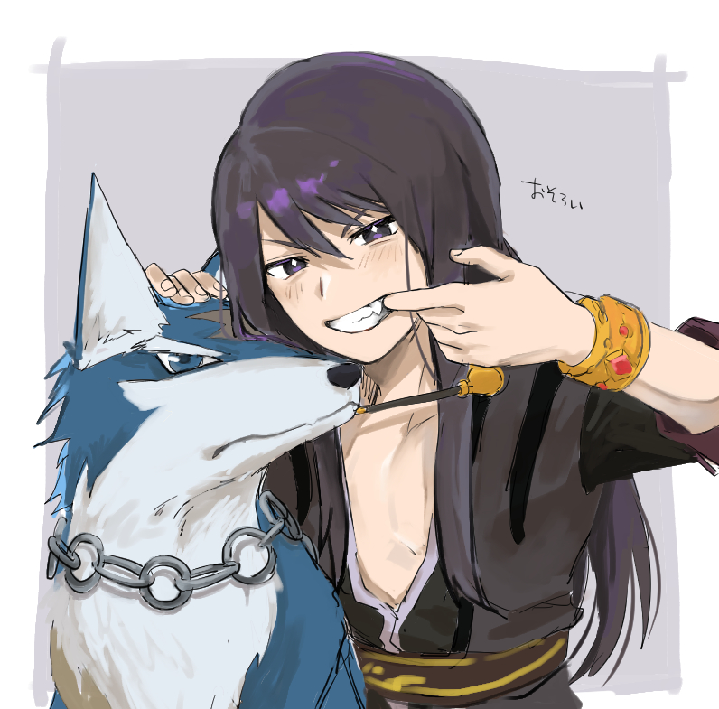 1boy, black_coat, black_hair, blue_eyes, blue_fur, border, bracelet, closed_mouth