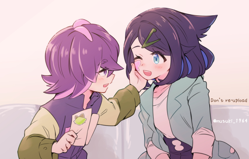 2girls, black_hair, blue_eyes, blue_hair, blush, cowlick, dot_(pokemon), eyelashes