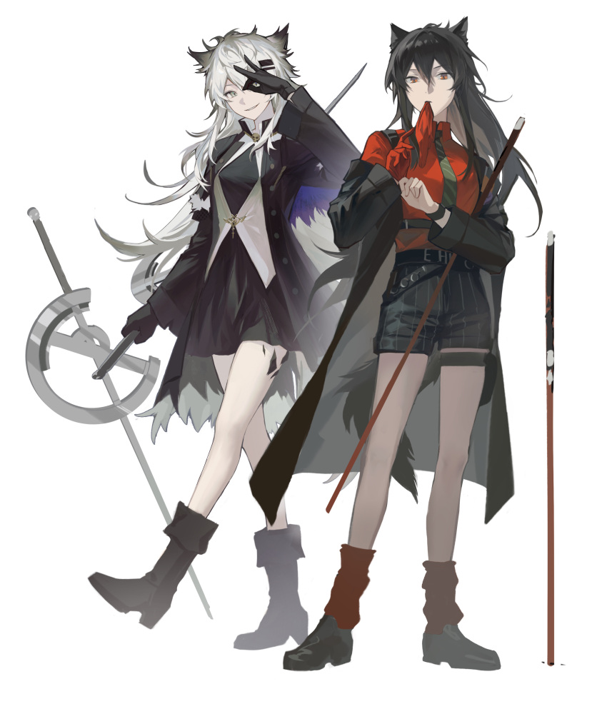 2girls, absurdres, adjusting_clothes, adjusting_gloves, animal_ears, arknights, arm_up, black_coat