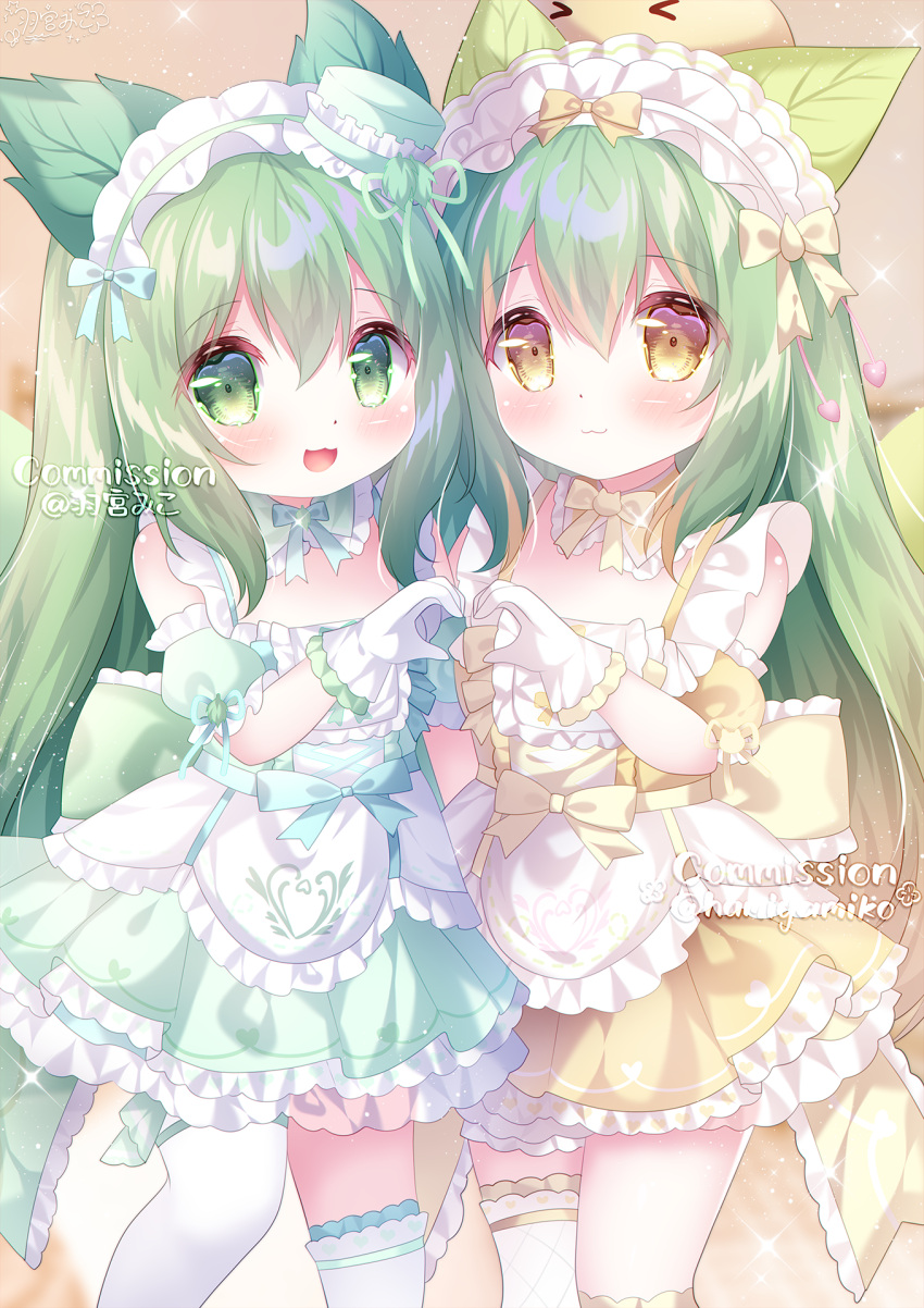 2girls, :3, :d, blonde_hair, blush, bow, bowtie, chinese_commentary