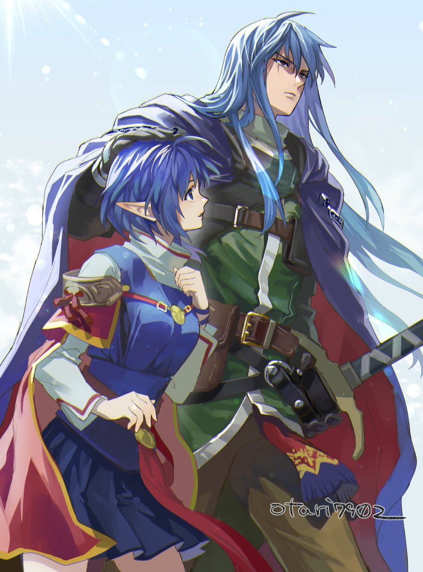 1boy, 1girl, ahoge, belt, blue_eyes, blue_hair, breasts, cape