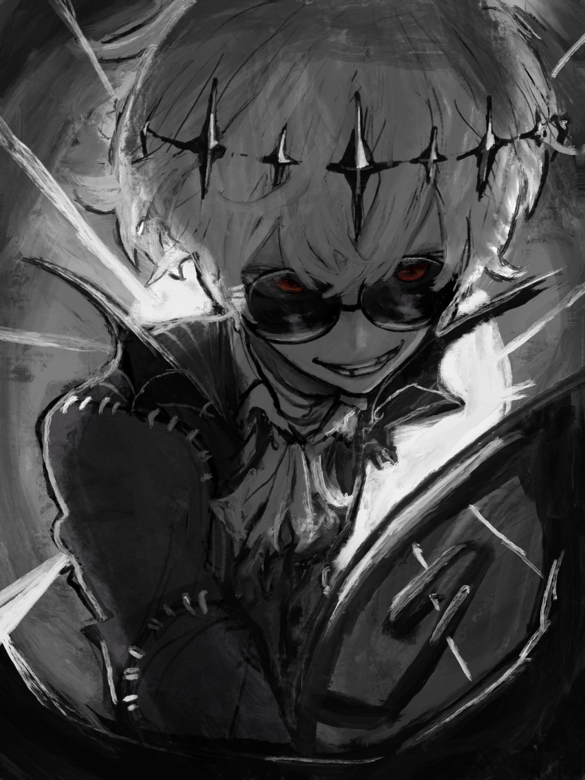 1boy, absurdres, asagimuu, ascot, black_coat, coat, grin, highres, long_sleeves, looking_at_viewer, male_focus, missing_tooth, red_eyes, short_hair, skully_j._graves, smile, solo, spot_color, sunglasses, twisted_wonderland, upper_body
