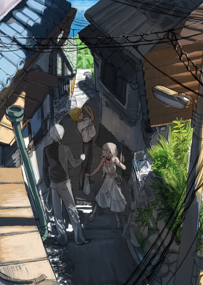 1girl, 2boys, absurdres, alley, bag, black_jacket, black_pants, blonde_hair