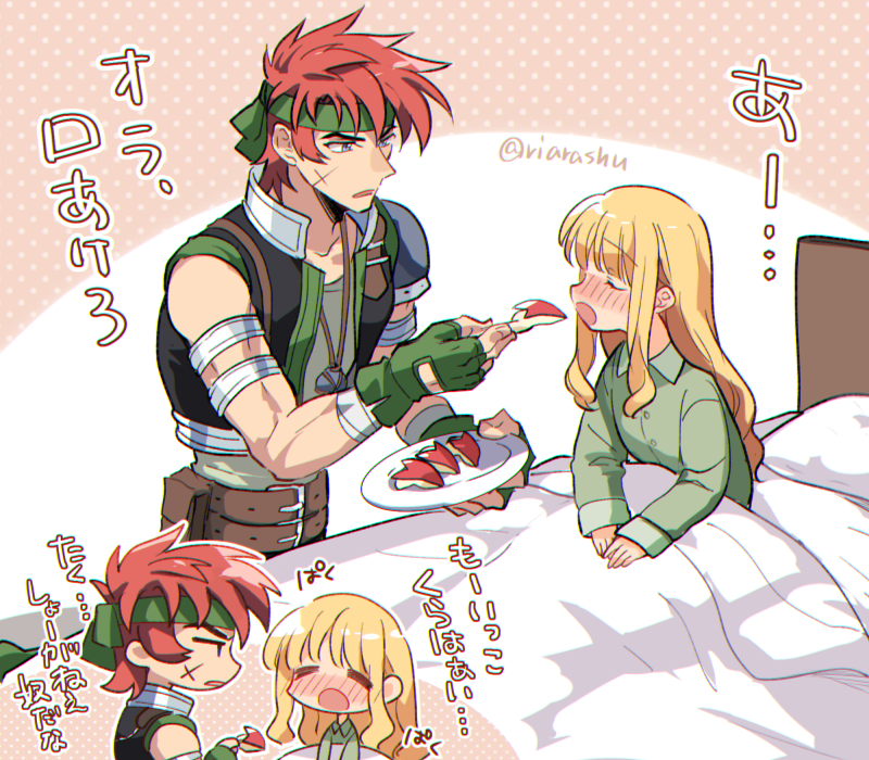 1boy, 1girl, :o, =_=, agate_crosner, blonde_hair, blush, commentary