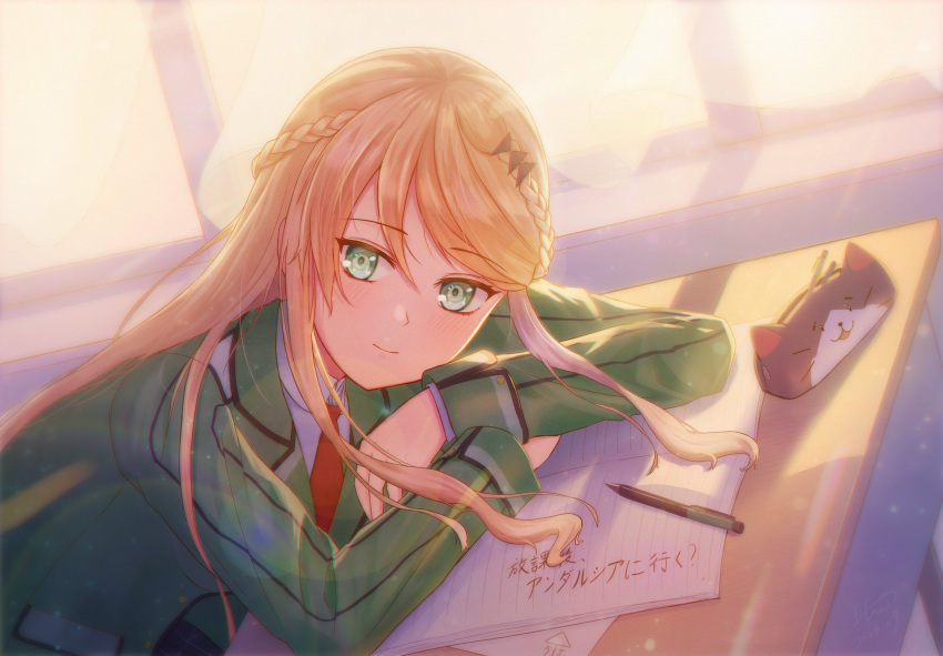 1girl, aged_down, aramis_high_school_uniform, blonde_hair, book, braid, closed_mouth, commentary_request