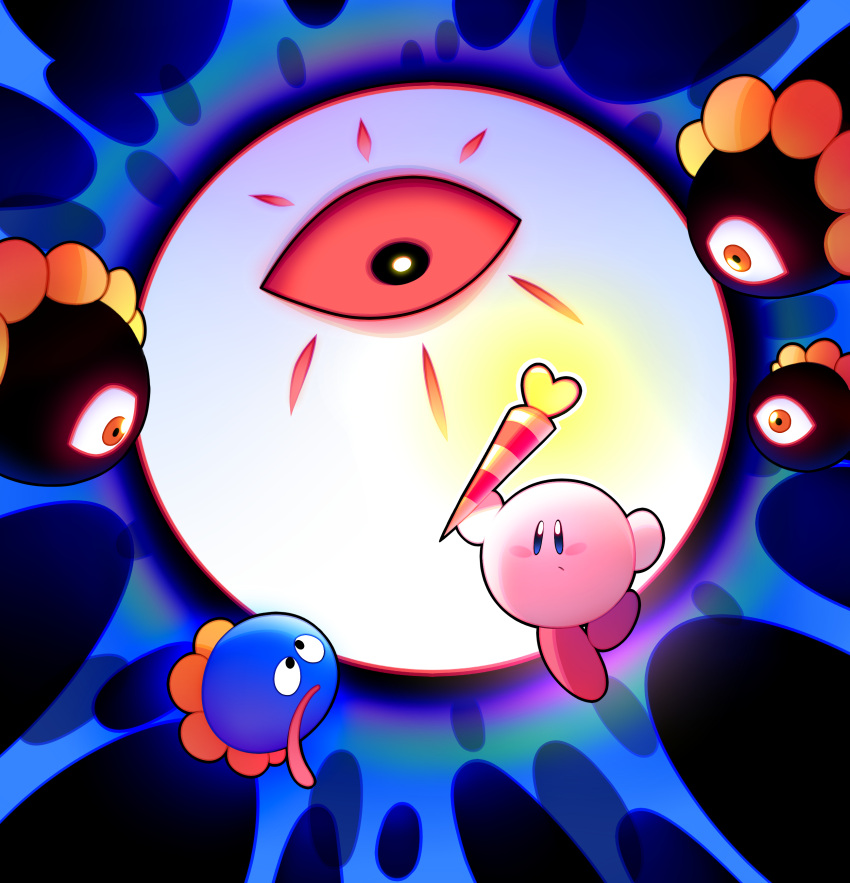 absurdres, black_eyes, blue_background, blue_eyes, blue_skin, blush_stickers, bright_pupils, closed_mouth, colored_sclera, colored_skin, commentary, cross-eyed, dark_matter_(kirby), english_commentary, fighting, floating, gooey_(kirby), heart_wand, highres, holding, holding_wand, kirby, kirby's_dream_land_3, kirby_(series), kozakana, light_frown, long_tongue, love_love_stick, no_humans, one-eyed, orange_eyes, pink_skin, red_footwear, red_sclera, shoes, tongue, wand, white_pupils, wide-eyed, zero_(kirby)
