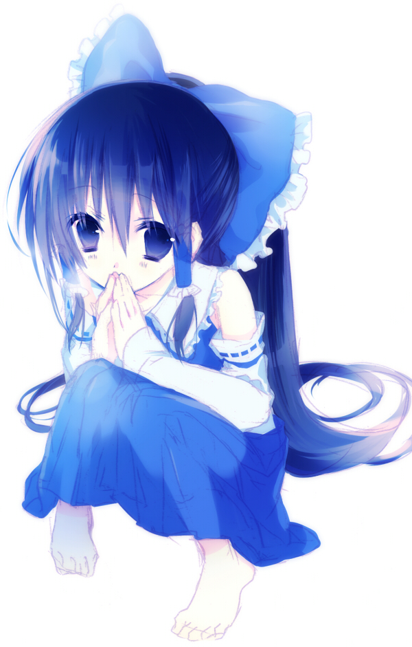 akinoko_(pixiv304871), alternate_color, bad_id, barefoot, blue, detached_sleeves, hakurei_reimu, hands_together