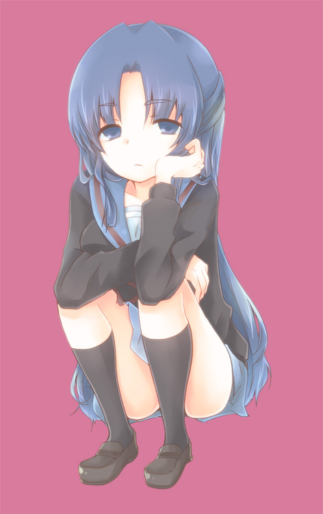 black_kneehighs, black_legwear, blue_eyes, blue_hair, eik0, kneehighs, long_hair, school_uniform
