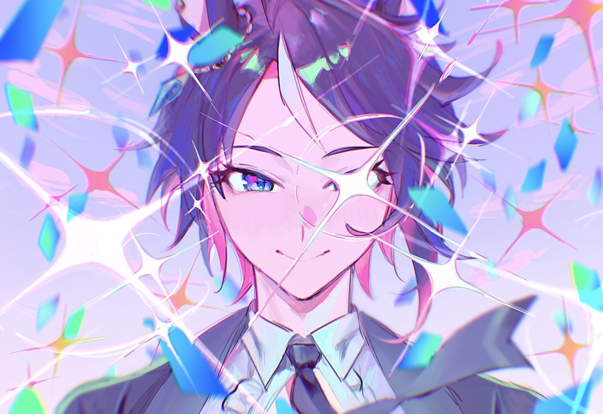 1girl, aa_kabeuchi, animal_ears, black_hair, black_jacket, black_necktie, blue_eyes, closed_mouth
