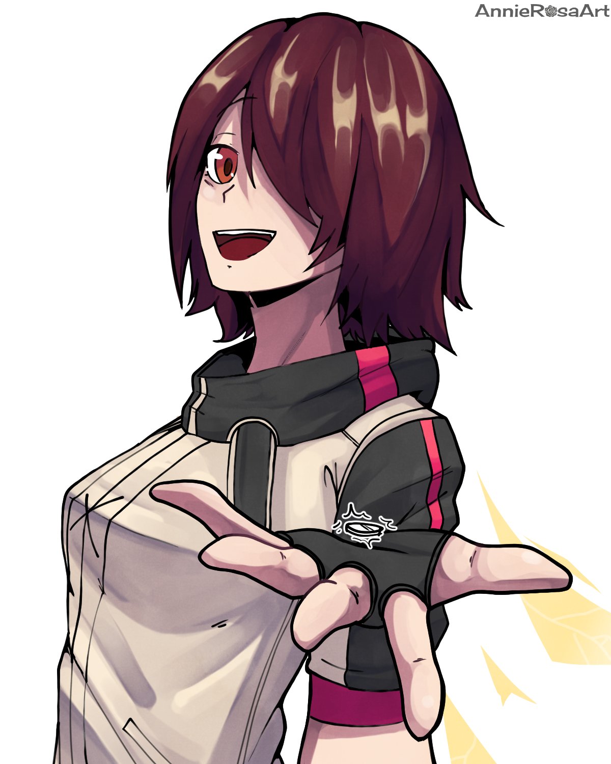 1girl, :d, annierosaart, arknights, black_gloves, black_jacket, breasts, energy_wings, english_commentary, exusiai_(arknights), fingerless_gloves, from_side, gloves, hair_over_one_eye, highres, holding_pill, jacket, looking_at_viewer, medium_breasts, medium_hair, multicolored_clothes, multicolored_jacket, open_mouth, outstretched_arm, pill, reaching, reaching_towards_viewer, red_eyes, redhead, short_sleeves, simple_background, smile, solo, teeth, turtleneck, turtleneck_jacket, upper_body, upper_teeth_only, white_background, white_jacket