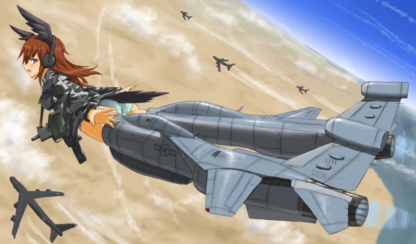 brown_hair, camouflage, desert, ef-111, ef-111a, gulf_war, gun, head_wings