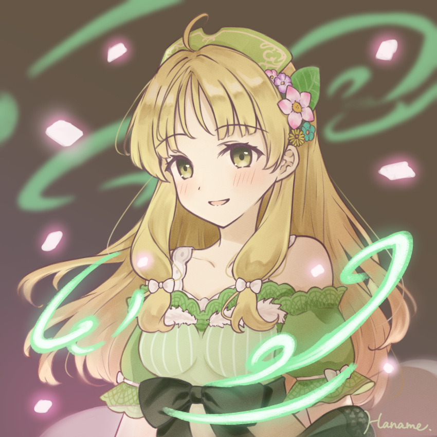 1girl, :d, ahoge, artist_name, atelier_(series), atelier_ayesha, ayesha_altugle, bare_shoulders
