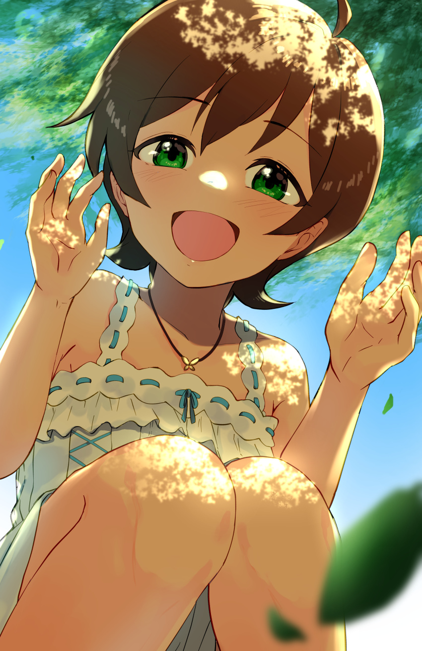 1girl, :d, absurdres, ahoge, bare_shoulders, blue_sky, blush, brown_hair