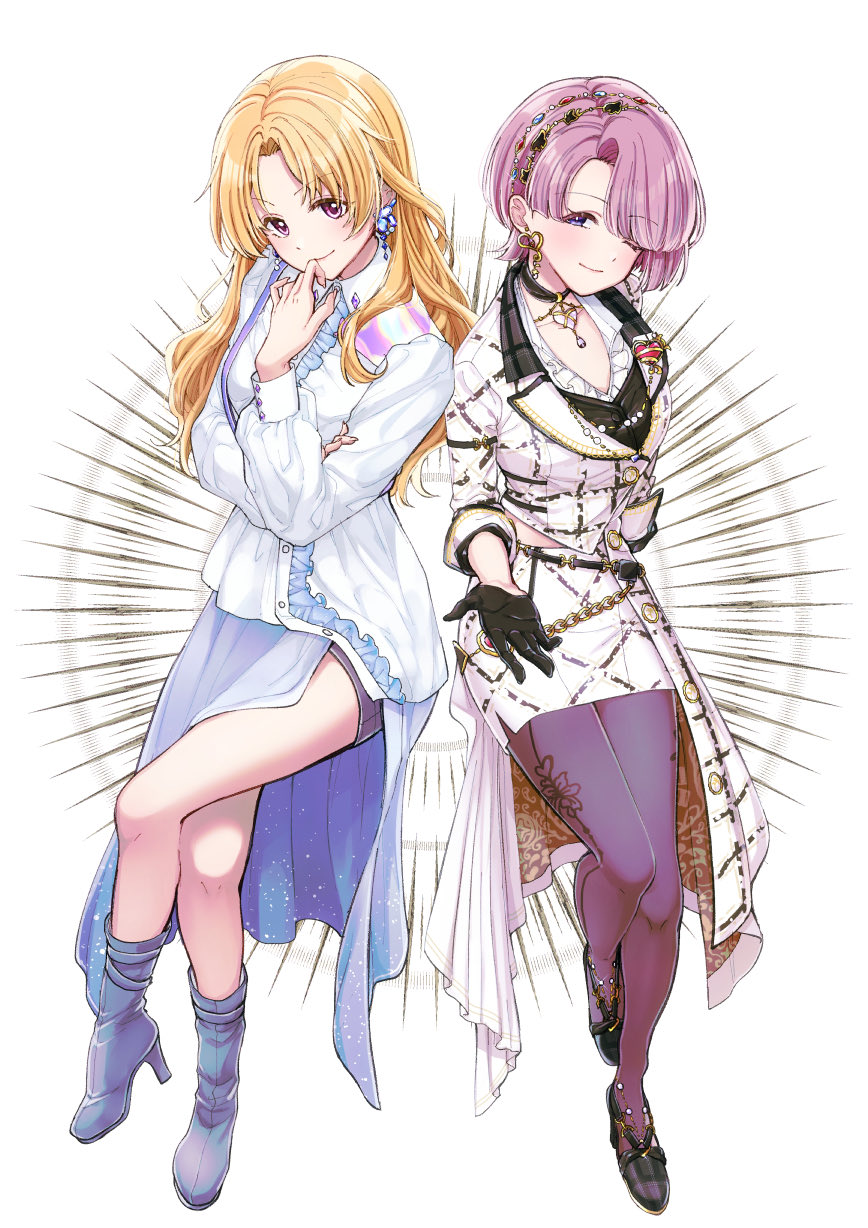 2girls, alternate_costume, arimura_mao, arm_at_side, asymmetrical_bangs, bintaptyo, black_footwear, black_gloves