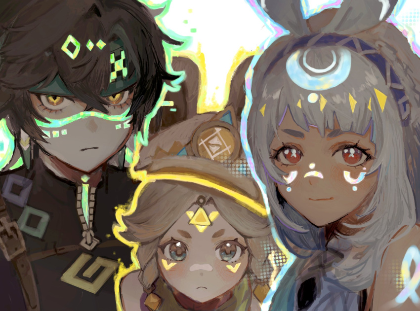 1girl, 2girls, animal_ears, black_hair, blue_eyes, blue_hair, braid, closed_mouth, commentary_request, earrings, eyelashes, facial_mark, genshin_impact, glowing, hair_between_eyes, hairband, hat, headband, highres, jewelry, kachina_(genshin_impact), kinich_(genshin_impact), long_hair, looking_at_viewer, mualani_(genshin_impact), multicolored_hair, multiple_girls, red_eyes, side_braids, simple_background, tori_nos, upper_body, visor_cap, white_hair, yellow_eyes