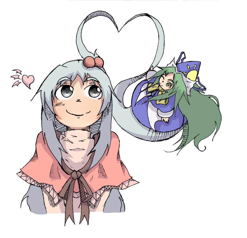 ahoge, capelet, ghost, ghost_tail, green_hair, hair_bobbles, hair_ornament, hat