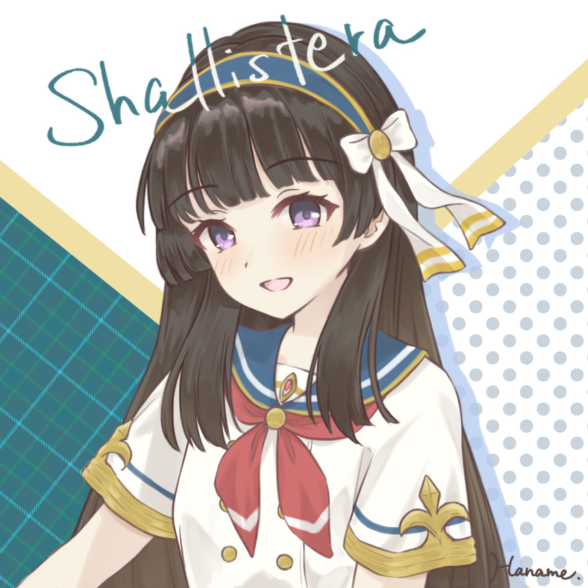 1girl, :d, atelier_(series), atelier_resleriana, atelier_shallie, black_hair, blue_hairband, blue_sailor_collar