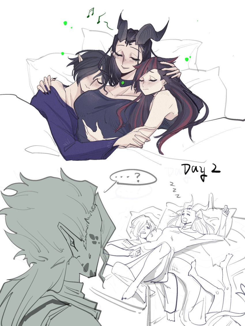 1girl, 3boys, androgynous, black_hair, closed_eyes, dragon_girl, dragon_horns, dragon_tail