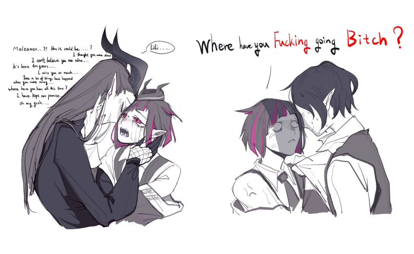 1girl, 2boys, clothes_grab, constricted_pupils, crying, dragon_girl, dragon_horns, english_commentary