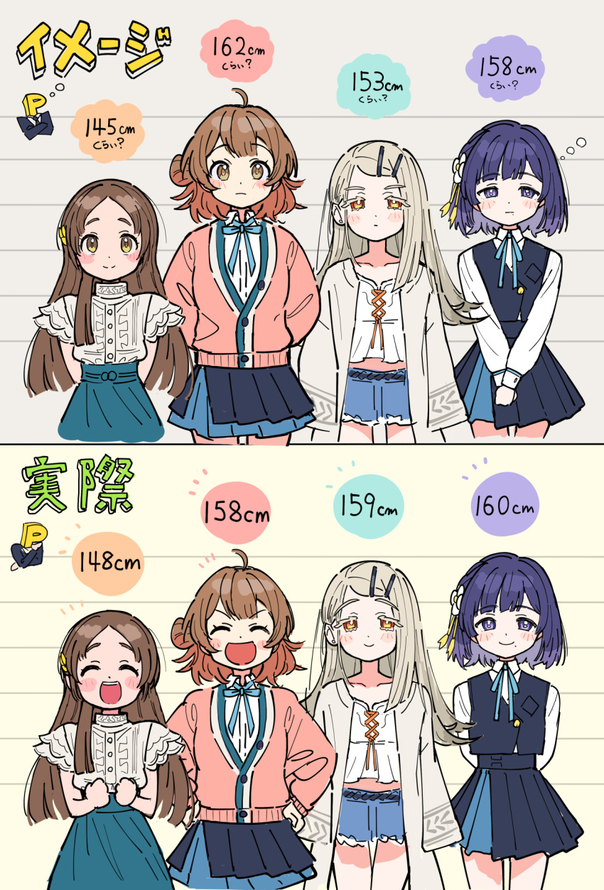 4girls, ahoge, blue_hair, blush, breasts, brown_hair, casual, closed_eyes