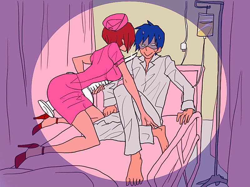 barefoot, bed, blue_hair, couple, high_heels, hospital, intravenous_drip, kaito