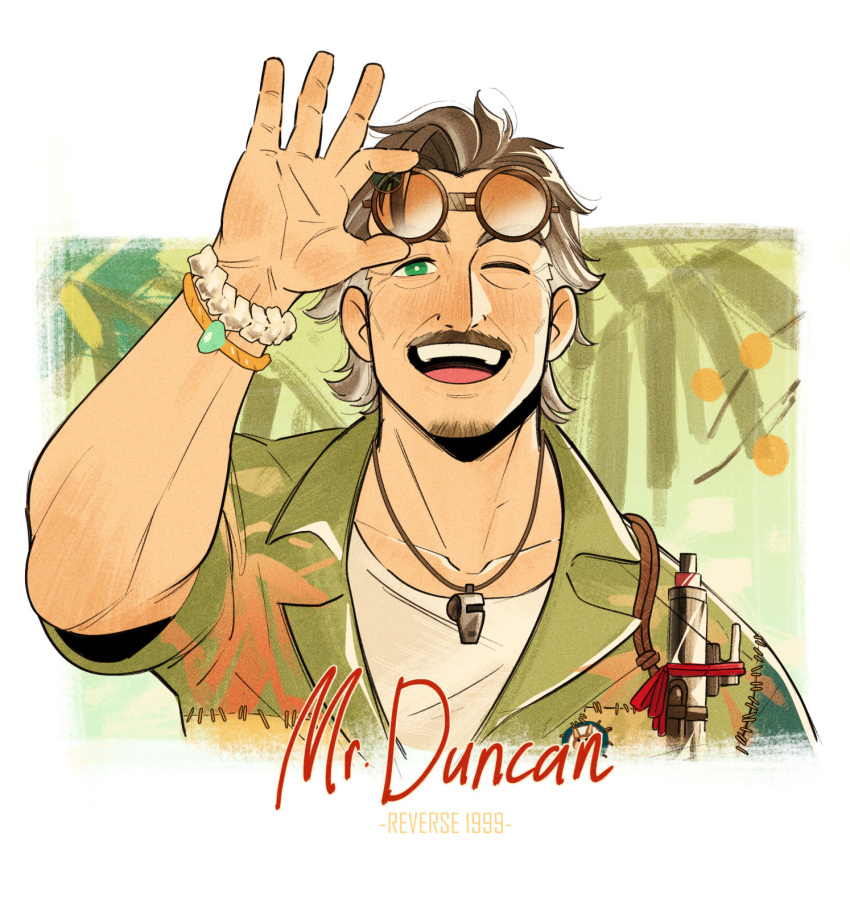 1boy, ;d, adjusting_eyewear, beard_stubble, blowgun, border, bracelet, brown_hair