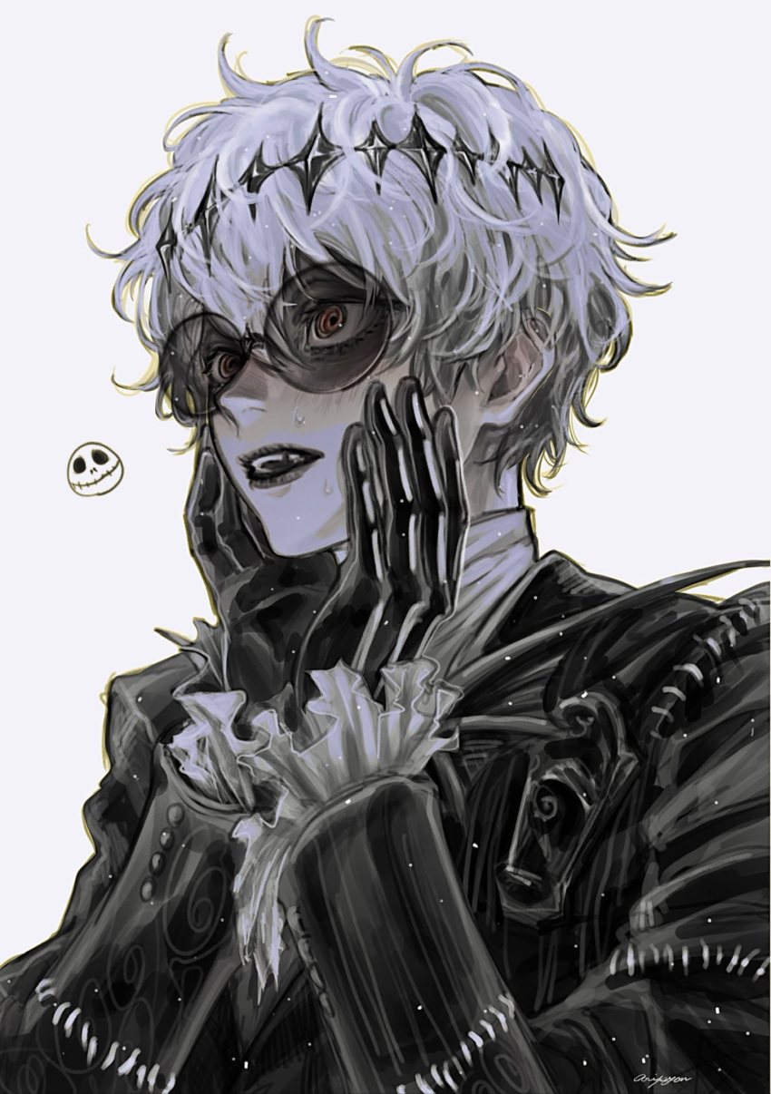 1boy, aripyon, black_coat, black_gloves, blush, coat, commentary_request, gloves