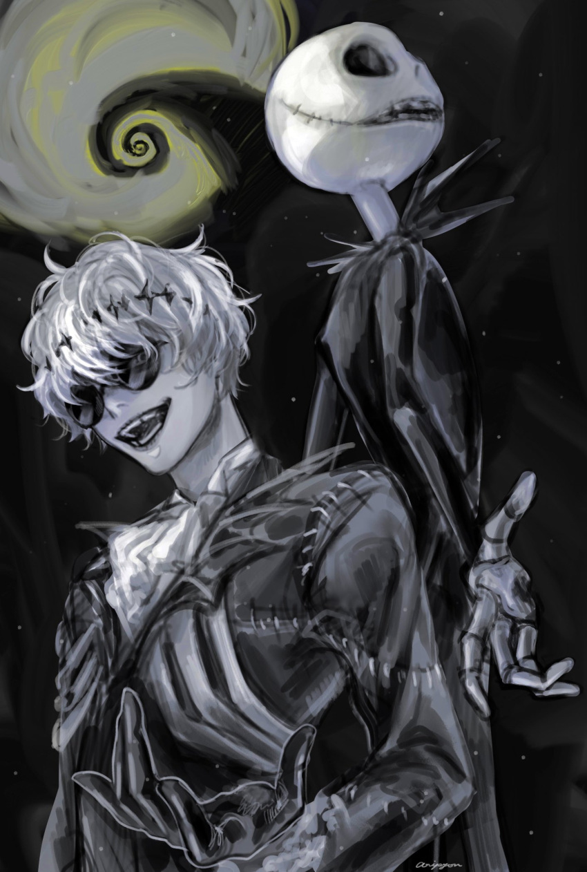 2boys, aripyon, ascot, black_coat, black_gloves, coat, commentary_request, full_moon