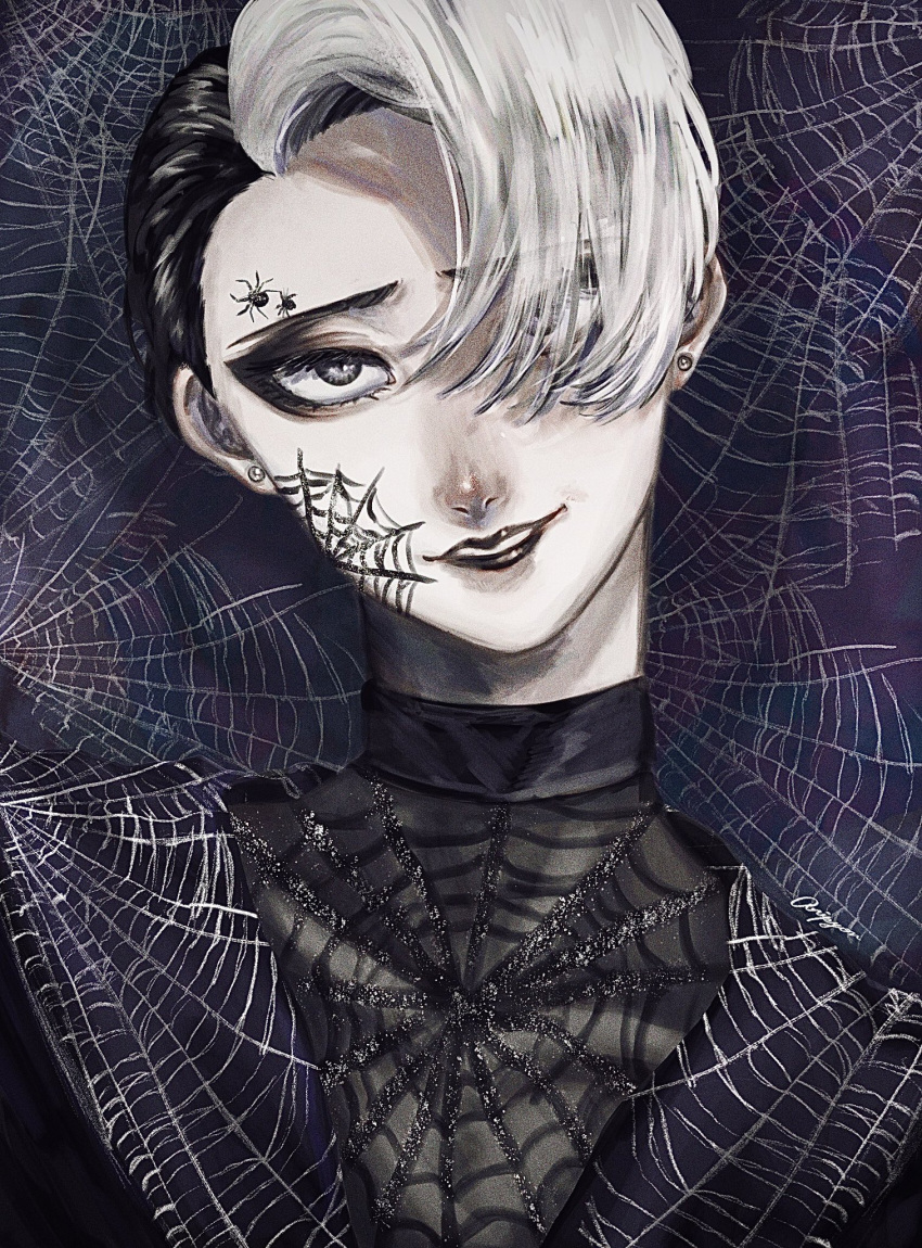 1boy, aripyon, black_hair, black_lips, commentary_request, divus_crewel, grey_eyes, hair_over_one_eye