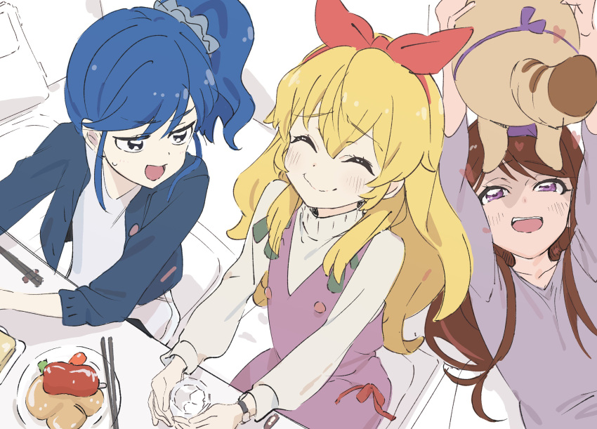 3girls, :d, absurdres, aikatsu!, aikatsu!_(series), arms_up, blonde_hair, blue_eyes