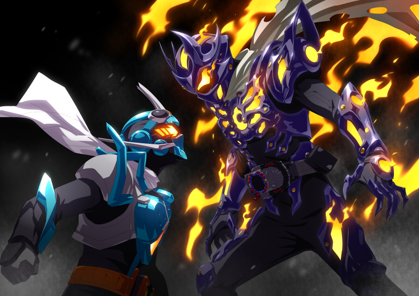 2boys, absurdres, antennae, armor, battle, black_armor, black_bodysuit, blue_armor