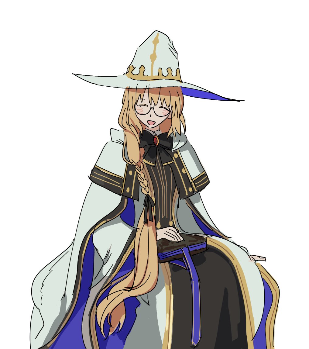 1girl, :d, ^_^, aesc_(fate), aesc_(rain_witch)_(fate), birdry, black_ribbon, blonde_hair