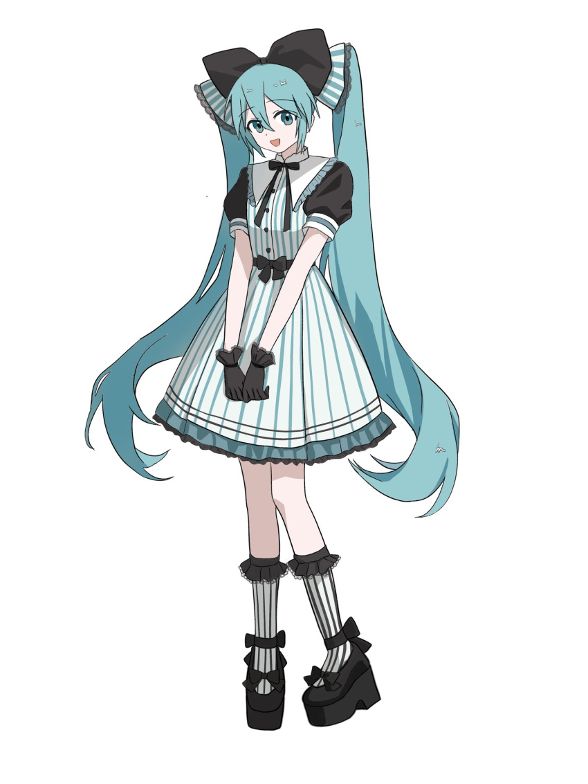 1girl, aqua_eyes, aqua_hair, bigrabbitcookie, full_body, gloves, hatsune_miku, high_heels