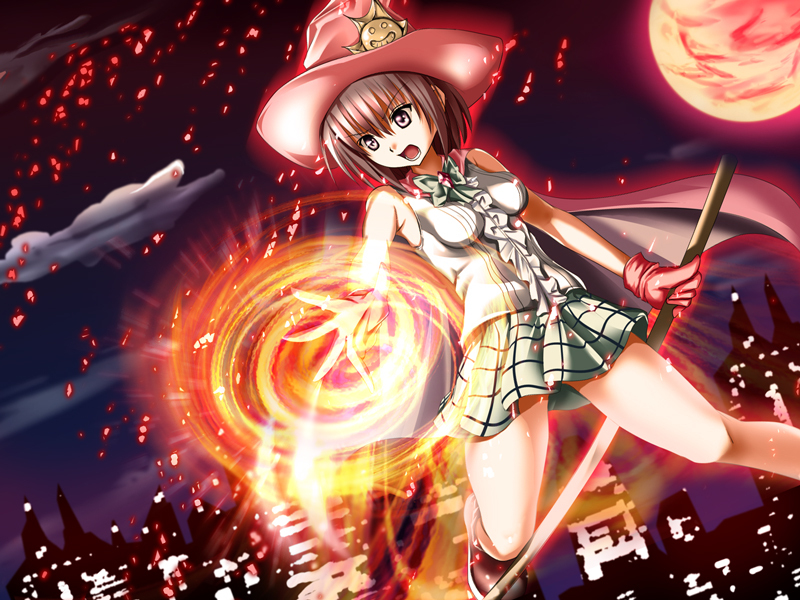 black_cat_(series), broom, brown_hair, character_request, city, cloud, fire, gloves