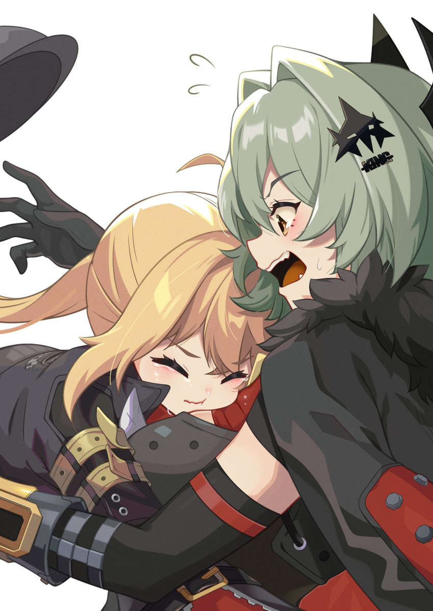 2girls, absurdres, black_gloves, black_jacket, blonde_hair, blush, caesar_king_(zenless_zone_zero), closed_eyes
