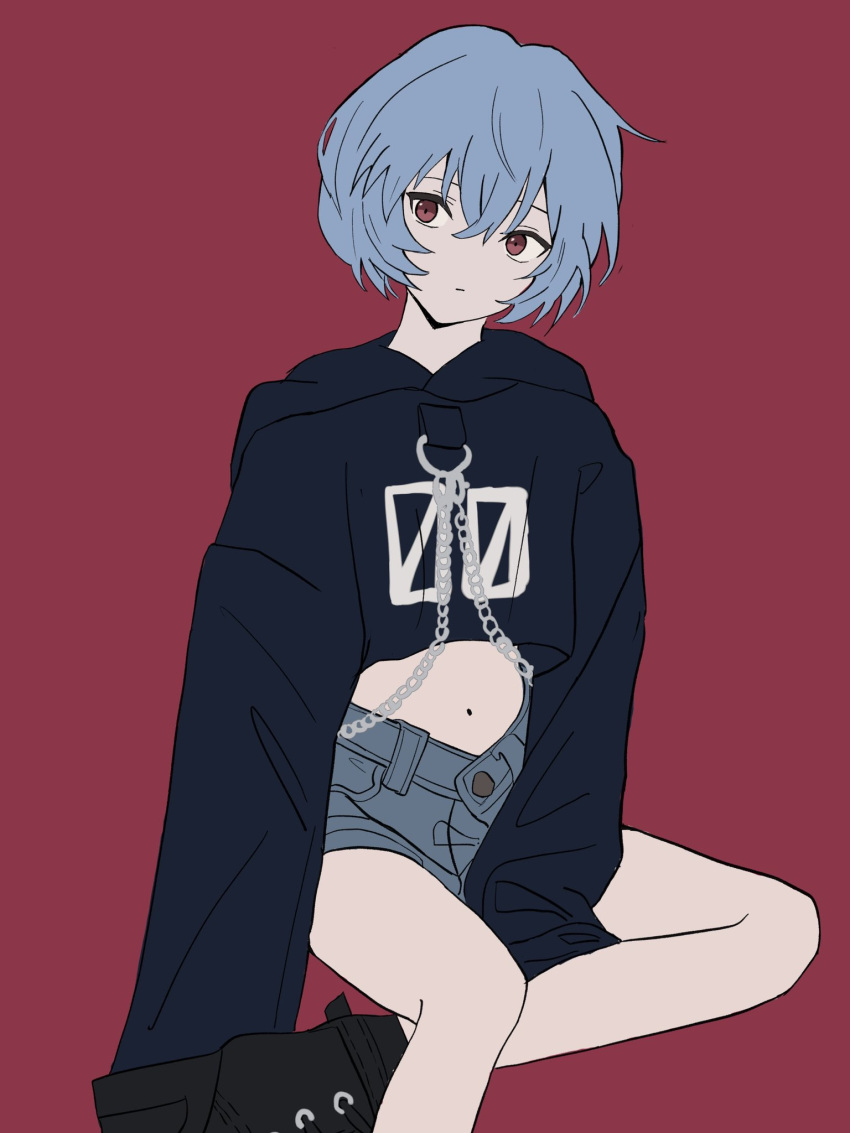 ayanami_rei, bigrabbitcookie, blue_hair, blue_shorts, bob_cut, chain, highres, long_sleeves