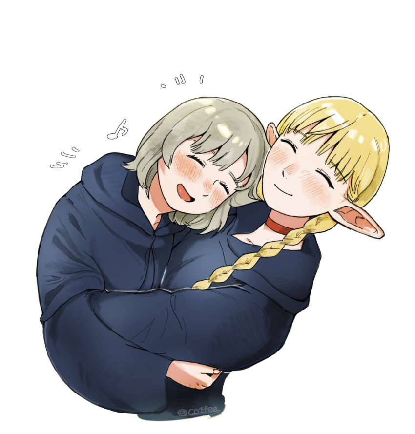 2girls, blonde_hair, blush, braid, choker, closed_eyes, closed_mouth, co1fee, collarbone, dungeon_meshi, falin_touden, highres, hug, long_hair, long_sleeves, marcille_donato, multiple_girls, musical_note, open_mouth, pointy_ears, short_hair, simple_background, single_braid, smile, white_background, yuri